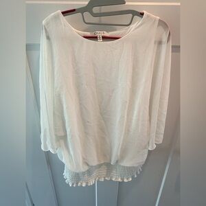 Chaus New York White Smocked Waist Blouse 1X Plus Size 3/4 Sleeve Tunic Top